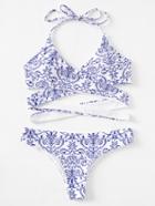 Romwe Porcelain Print Wrap Bikini Set
