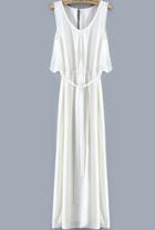 Romwe Sleeveless Belt Split Crop White Dress