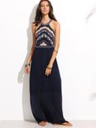 Romwe Navy Halter Embroidery Hollow Back Maxi Dress