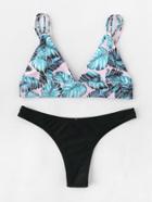 Romwe Palm Print Strappy Bikini Set