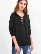 Romwe Black Raglan Sleeve Lace Up Front Sweatshirt