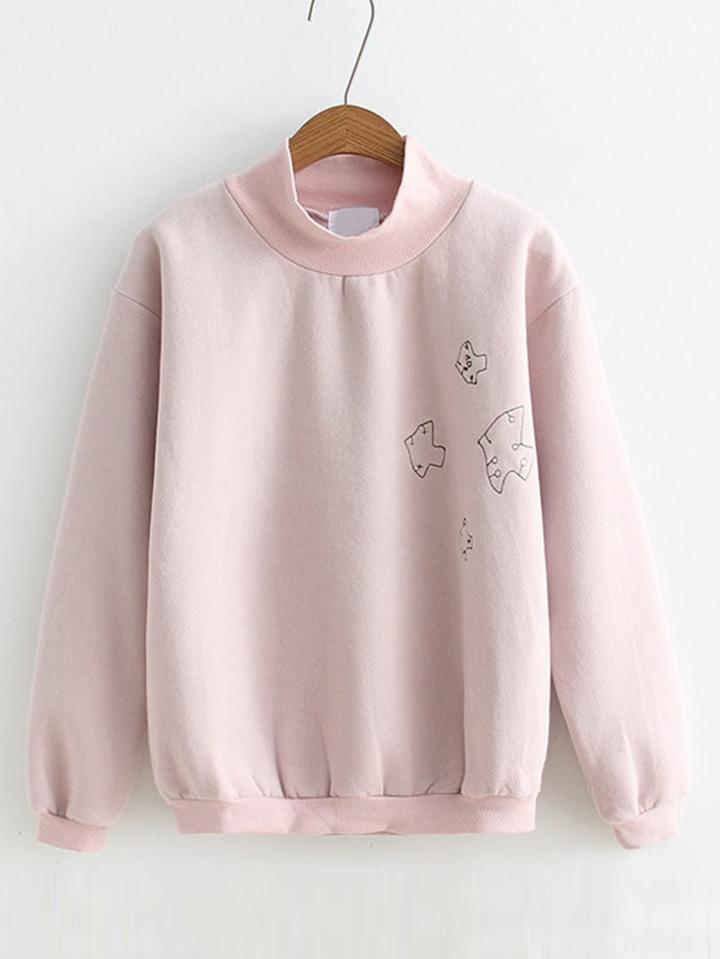 Romwe Abstract Embroidery High Neck Sweatshirt