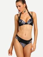 Romwe Studded Cutout Contrast Leopard Print Bikini Set