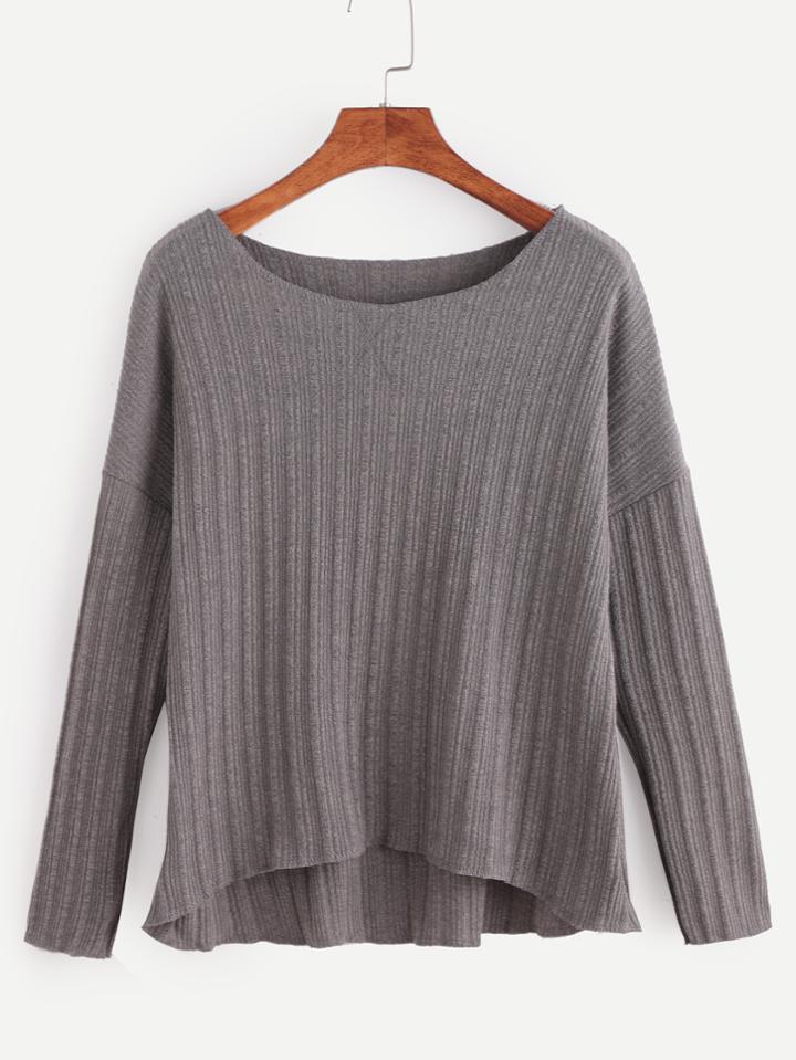 Romwe Grey Drop Shoulder High Low Ribbed Knit T-shirt