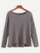 Romwe Grey Drop Shoulder High Low Ribbed Knit T-shirt