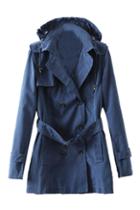 Romwe Belted Blue Hoodied Coat