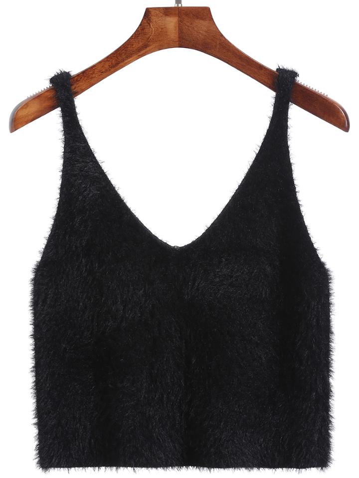 Romwe V Neck Mohair Black Tank Top