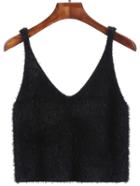 Romwe V Neck Mohair Black Tank Top
