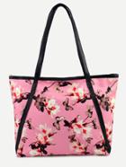 Romwe Pink Flower Print Contrast Trim Tote Bag
