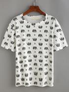 Romwe Allover Elephant Print T-shirt - White