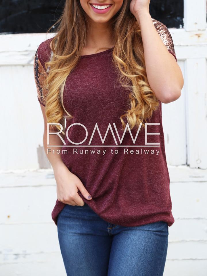 Romwe Burgundy Short Gold Sleeve T-shirt