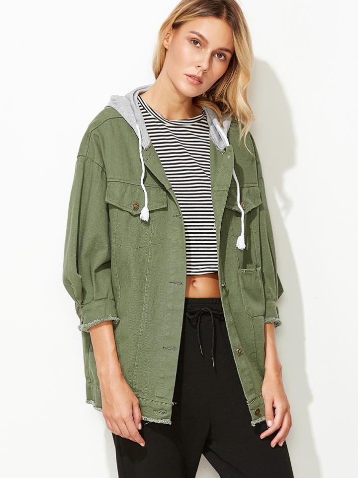 Romwe Army Green Frayed Trim Military Jacket With Contrast Hood