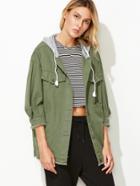 Romwe Army Green Frayed Trim Military Jacket With Contrast Hood