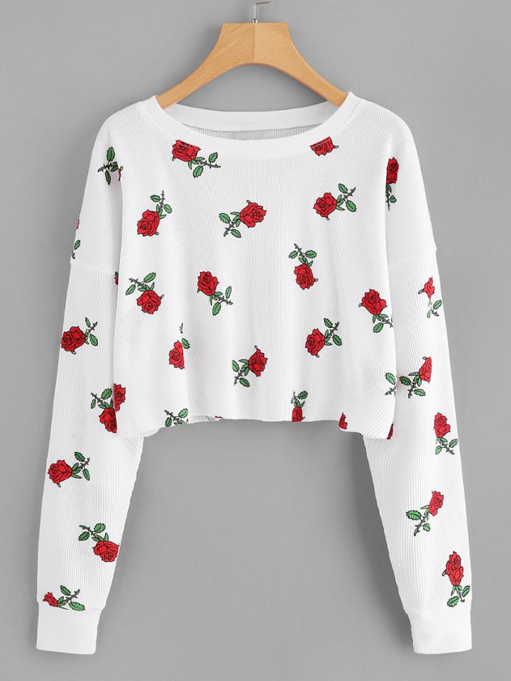 Romwe Rose Print Raw Hem Crop T-shirt