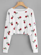 Romwe Rose Print Raw Hem Crop T-shirt