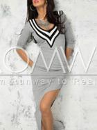 Romwe Grey Long Sleeve Ruched Asymmetric Sheath Dress