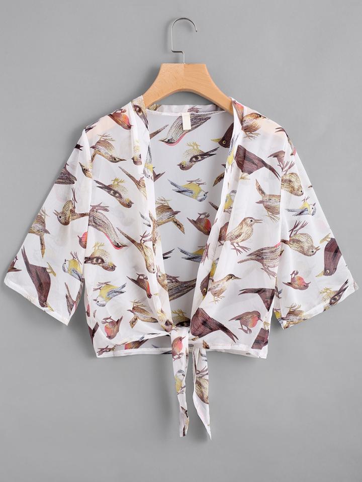 Romwe Birdie Print Open Front Self Tie Chiffon Top
