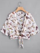 Romwe Birdie Print Open Front Self Tie Chiffon Top