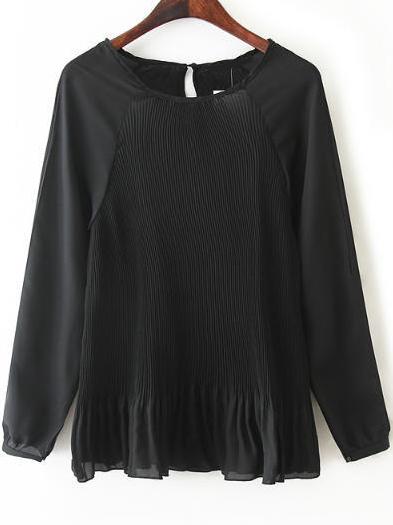 Romwe Black Blouse With Ruffle Hem