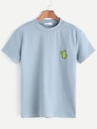 Romwe Blue Cactus Embroidered Mock Neck T-shirt