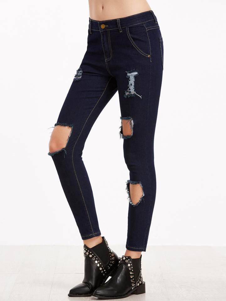 Romwe Dark Blue Ripped Skinny Jeans
