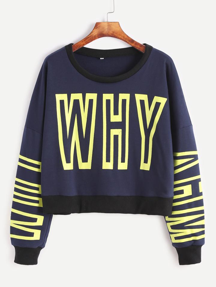 Romwe Blue Letter Print Contrast Trim Drop Shoulder Sweatshirt