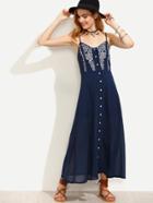 Romwe Embroidered Spaghetti Strap Navy Dress With Buttons
