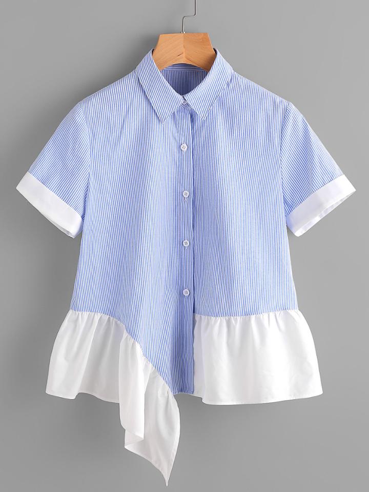 Romwe Asymmetric Contrast Frill Hem Striped Shirt