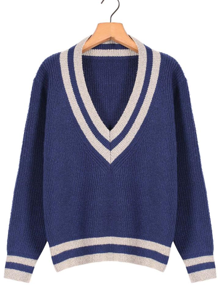 Romwe V Neck Loose Crop Blue Sweater