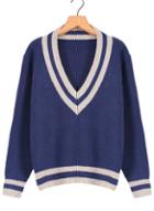 Romwe V Neck Loose Crop Blue Sweater