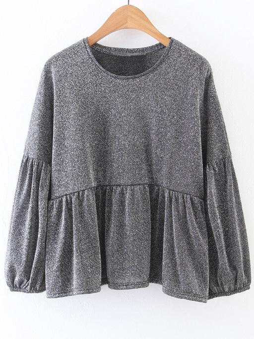 Romwe Grey Drop Shoulder Ruffle Hem Blouse
