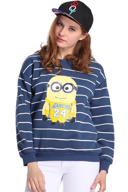 Romwe Romwe Striped Minions Print Blue Sweatshirt
