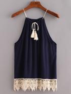 Romwe Lace Trimmed Tasselled Drawstring Neck Top - Blue