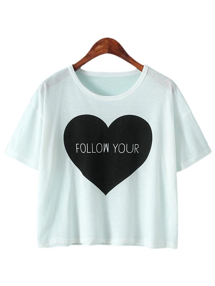 Romwe White Short Sleeve Letter Heart Print T-shirt
