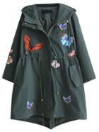 Romwe Dark Green Butterfly Embroidered Drawstring Waist Hooded Coat