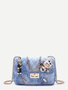 Romwe Blue Denim Metallic Embellished Mini Quilted Chain Bag