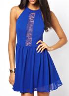 Romwe Halter Lace Insert Chiffon Flare Dress