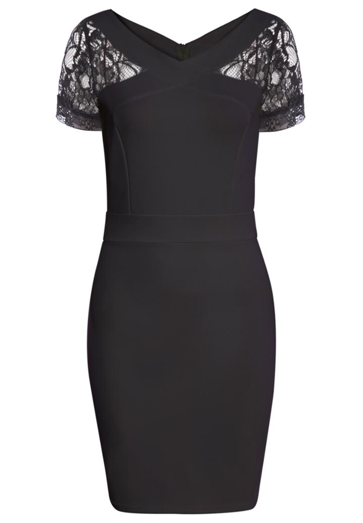 Romwe V Neck Lace Insert Black Bodycon Dress