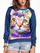 Romwe Round Neck Cat Print Sweatshirt
