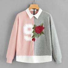 Romwe Color-block Floral Applique Contrast Collar Pullover