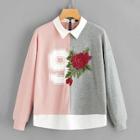 Romwe Color-block Floral Applique Contrast Collar Pullover