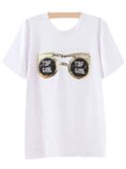 Romwe White Letter Sequined Glasses Casual T-shirt
