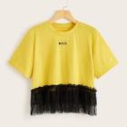 Romwe Contrast Lace Letter Embroidery Tee