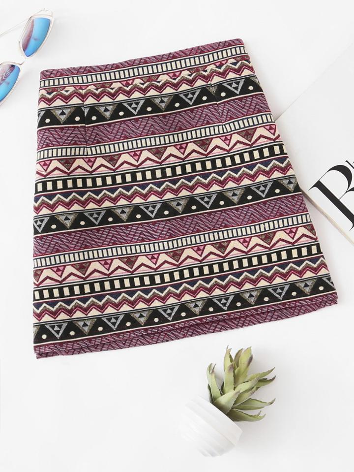 Romwe Zip Up Back Geo Print Skirt