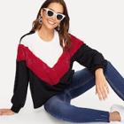 Romwe Faux Fur Detail Color Block Chevron Pullover