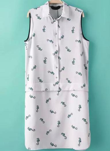 Romwe Lapel Sleeveless Hippocampus Print Dress