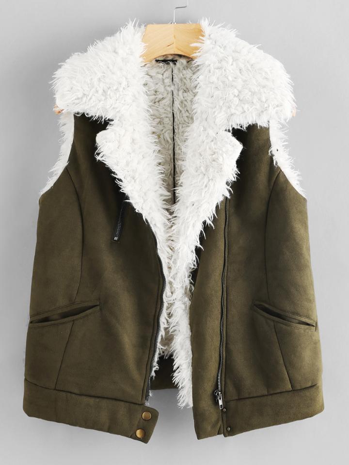 Romwe Zip Up Faux Shearling Vest
