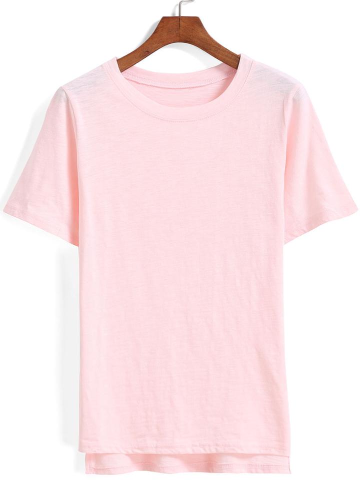 Romwe Dip Hem Pink T-shirt