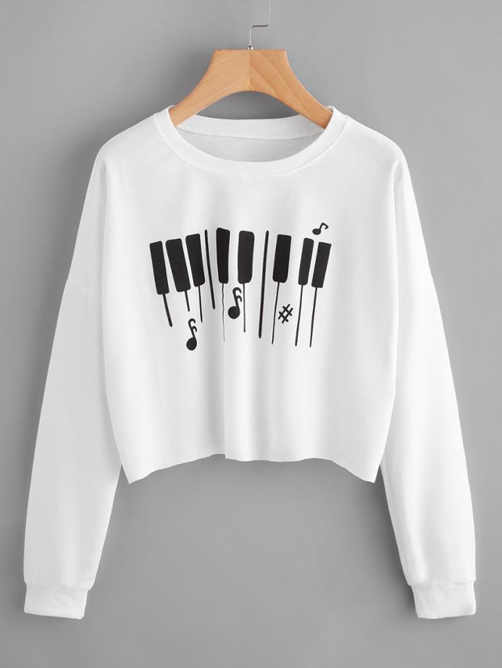 Romwe Piano Keys Print Raw Hem Crop Pullover