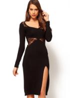 Romwe Black Long Sleeve Lace Split Dress